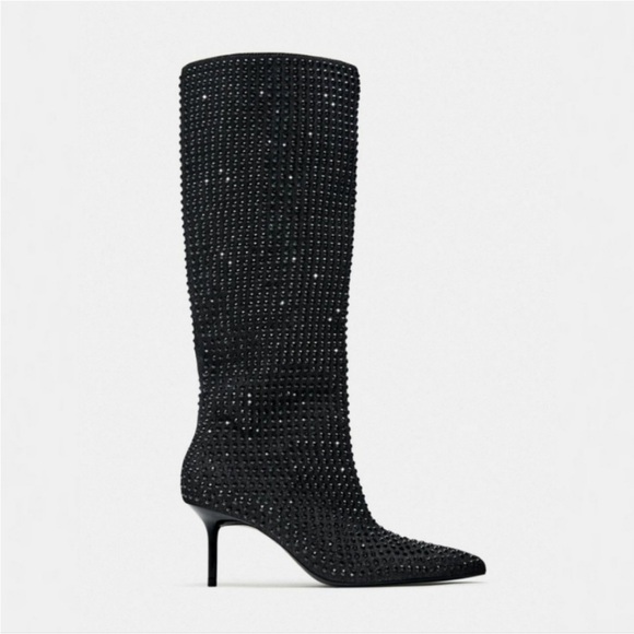 ZARA POINTED TOE RHINESTONE HEELED KNEE HIGH BOOTS - Picture 5 of 9